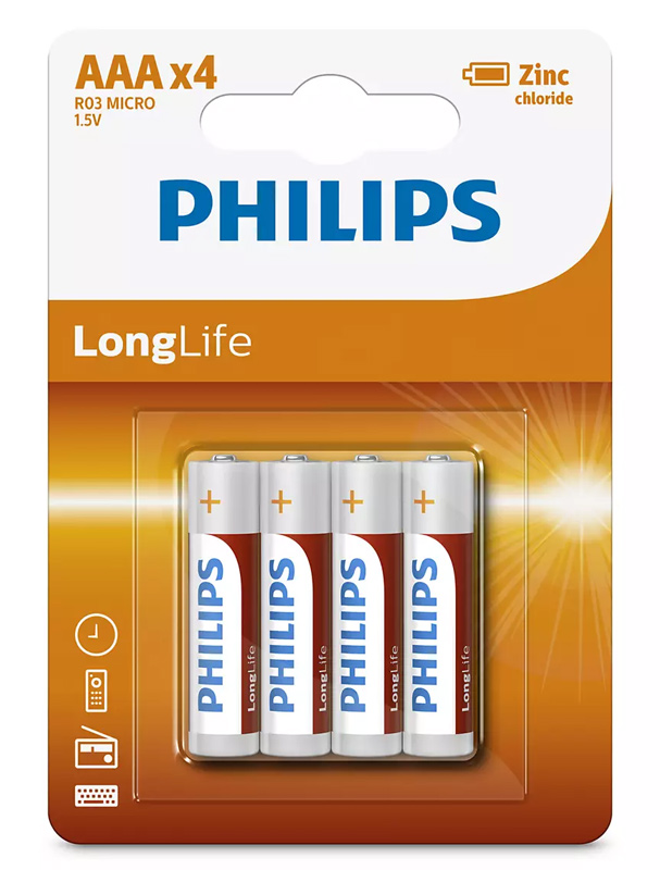 PHILIPS LongLife Zinc chloride μπαταρίες R03L4B/10 AAA R03 Micro, 4τμχ