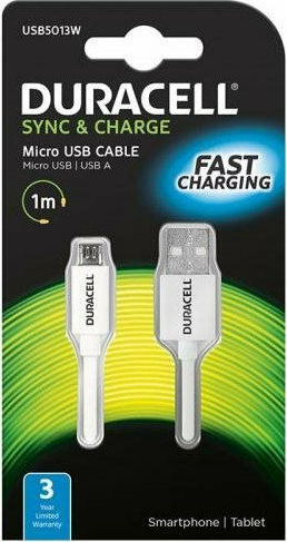 Καλώδιο Σύνδεσης USB 2.0 Duracell USB A σε Micro USB 1m Λευκό