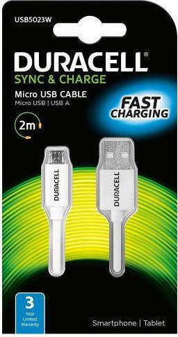 Καλώδιο Σύνδεσης USB 2.0 Duracell USB A σε Micro USB 2m Λευκό