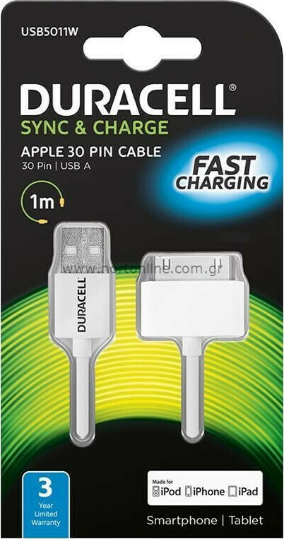 Καλώδιο Σύνδεσης USB 2.0 Duracell USB A σε MFI Apple 30-pin 1m Λευκό