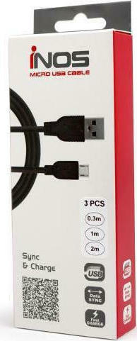 Σετ Καλώδια Σύνδεσης USB 2.0 inos USB A σε Micro USB 0.3m/ 1m/ 2m Μαύρο (3 τεμ)