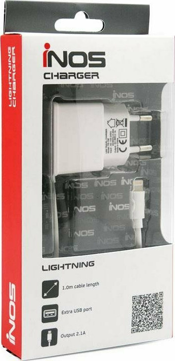 Φορτιστής Ταξιδίου inos Lightning με Extra Έξοδο USB Λευκό 2.1A