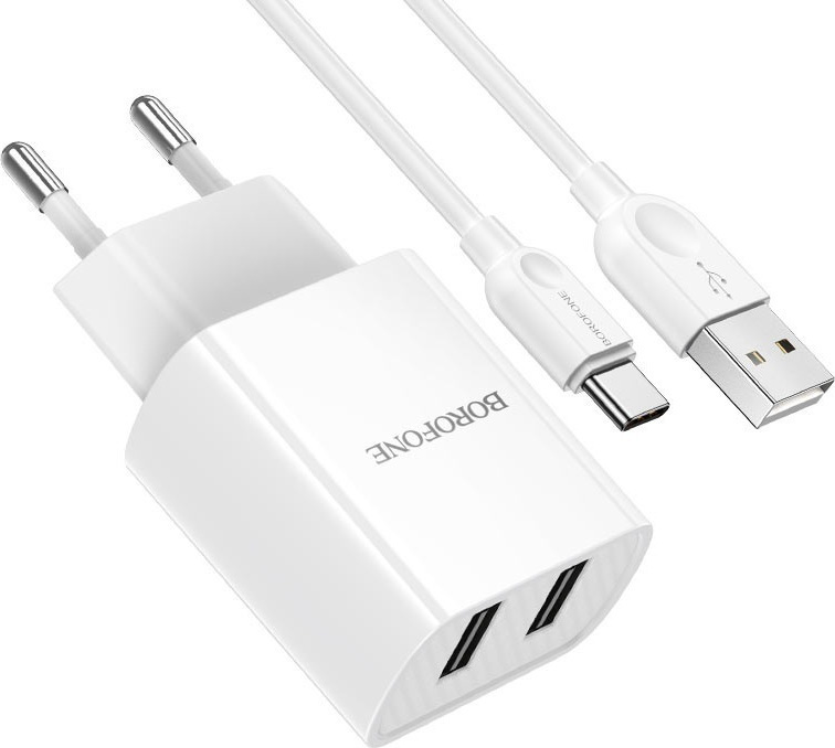 Borofone Φορτιστής με 2 Θύρες USB-A και Καλώδιο USB-C Λευκός (BA53A)