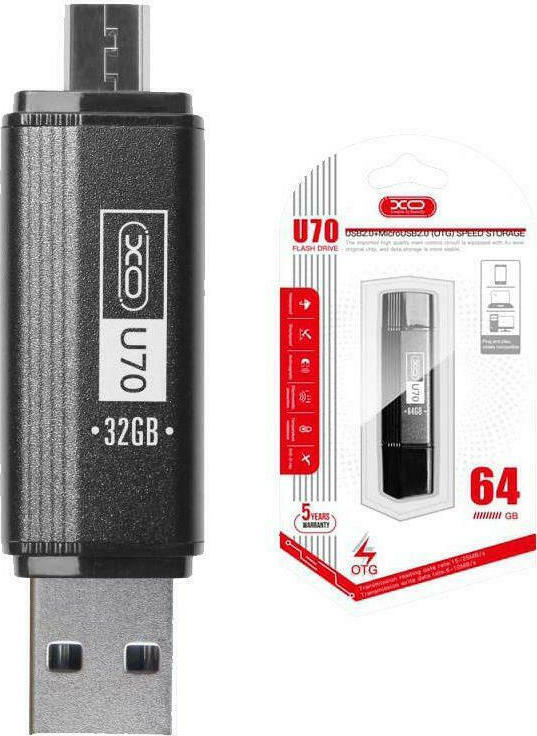 XO U70 64GB USB 2.0 Stick με σύνδεση USB-A & micro USB-B Μαύρο