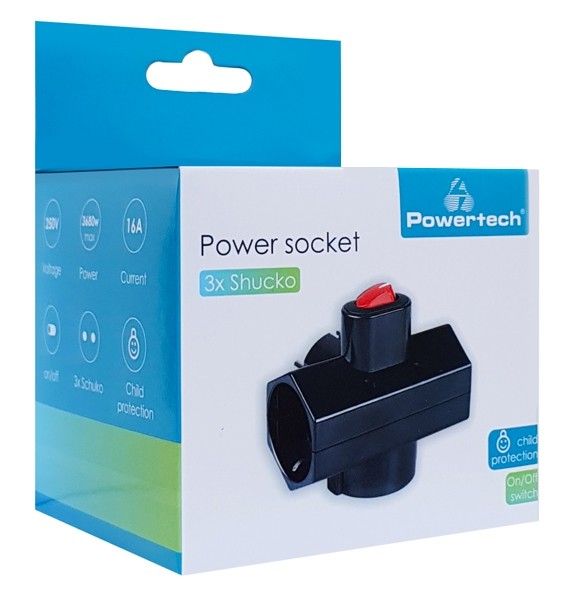 POWERTECH αντάπτορας ρεύματος PT-825, 3x schuko, 250V 16A, μαύρος