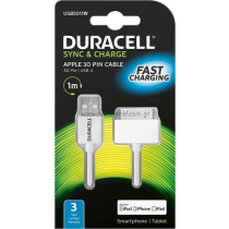 Καλώδιο Σύνδεσης USB 2.0 Duracell USB A σε MFI Apple 30-pin 1m Λευκό