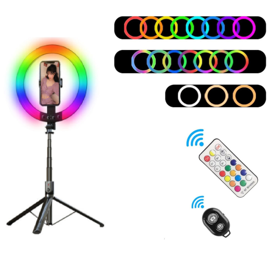 RGB Ring Light P100 25.4cm με Τρίποδο Δαπέδου και Βάση για Κινητό