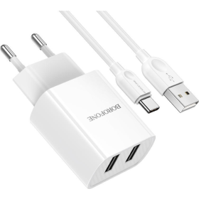 Borofone Φορτιστής με 2 Θύρες USB-A και Καλώδιο USB-C Λευκός (BA53A)